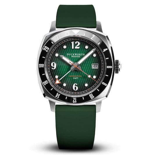 Rivington GMT watch green dial on green rubber - Wilson Watches