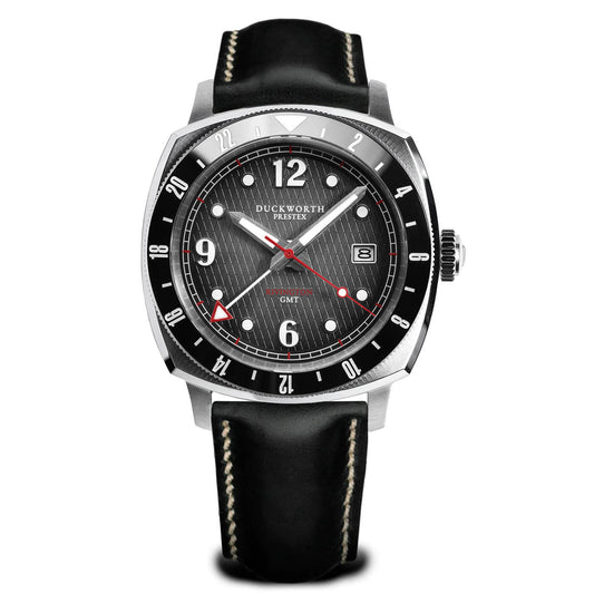 Rivington GMT watch black dial on black leather - Wilson Watches