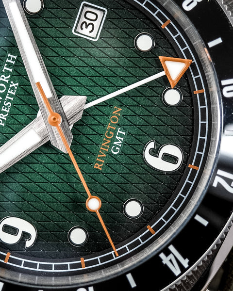 Rivington GMT watch green dial on green rubber - Wilson Watches 