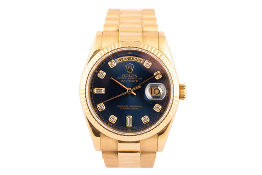 Rolex Day-Date 36 President Day Date Yellow Gold Blue Diamond Dial Mens Watch 118238 - Wilson Watches