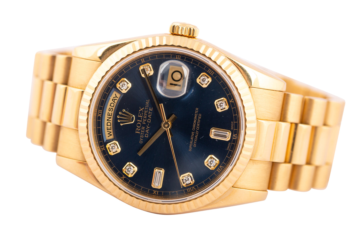 Rolex Day-Date 36 President Day Date Yellow Gold Blue Diamond Dial Mens Watch 118238 - Wilson Watches