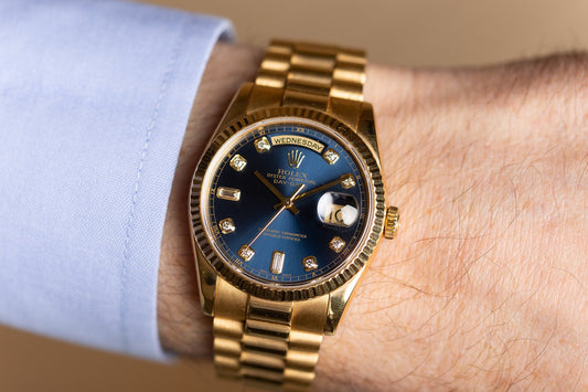 Wilson Watches Rolex Day - Date 36 President Day Date Yellow Gold Blue Diamond Dial Mens Watch 118238 for sale in Northern Ireland - Wilson Watches