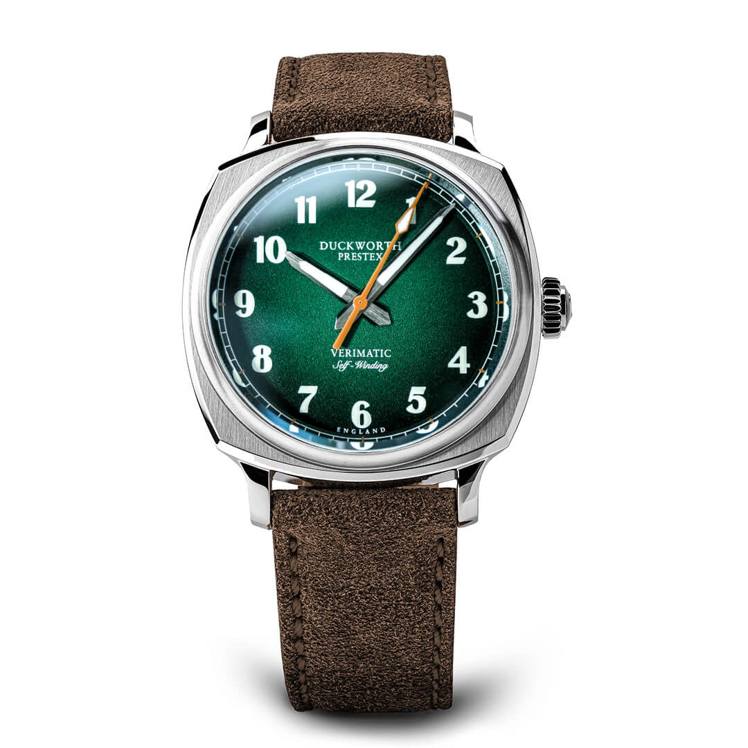Verimatic 39mm green fumé brown suede from Wilson Watches