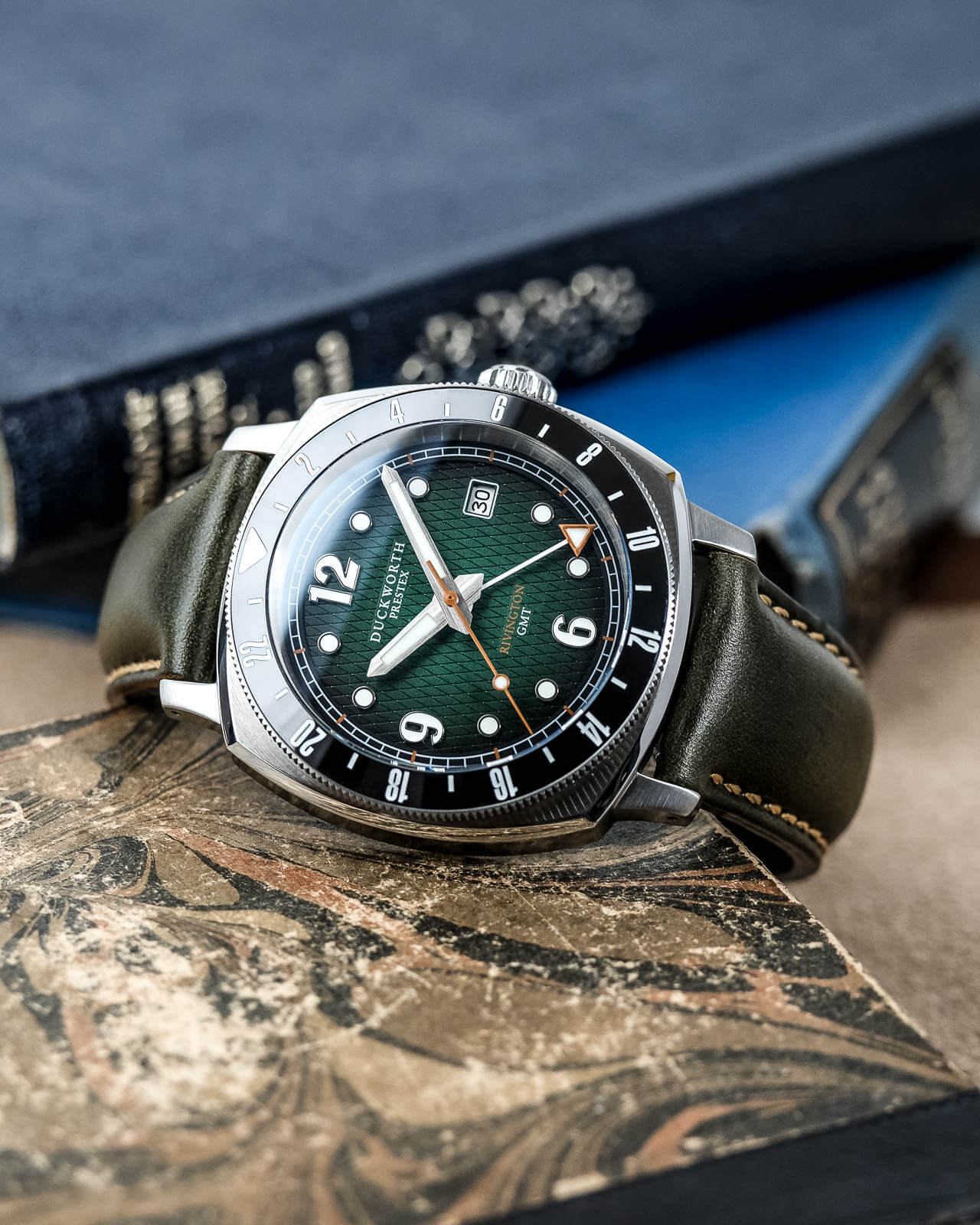 Rivington GMT watch green dial on green leather - Wilson Watches