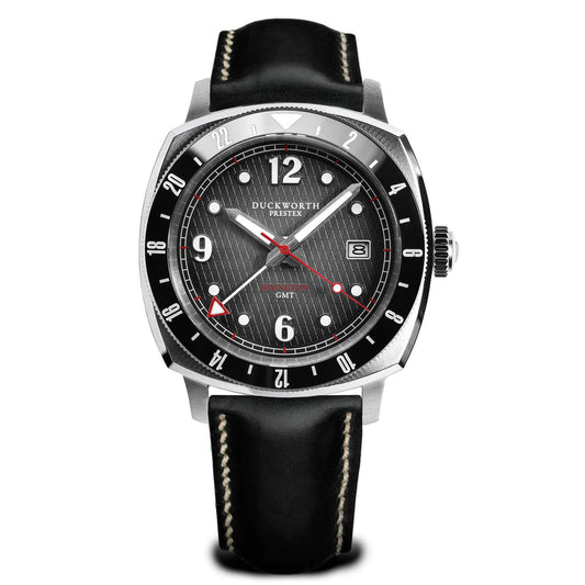 Rivington GMT watch black dial on black leather - Wilson Watches 