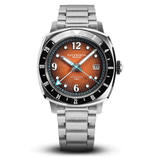 Rivington GMT watch orange dial on steel bracelet - Wilson Watches 