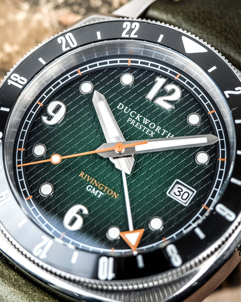Rivington GMT watch green dial on green leather - Wilson Watches