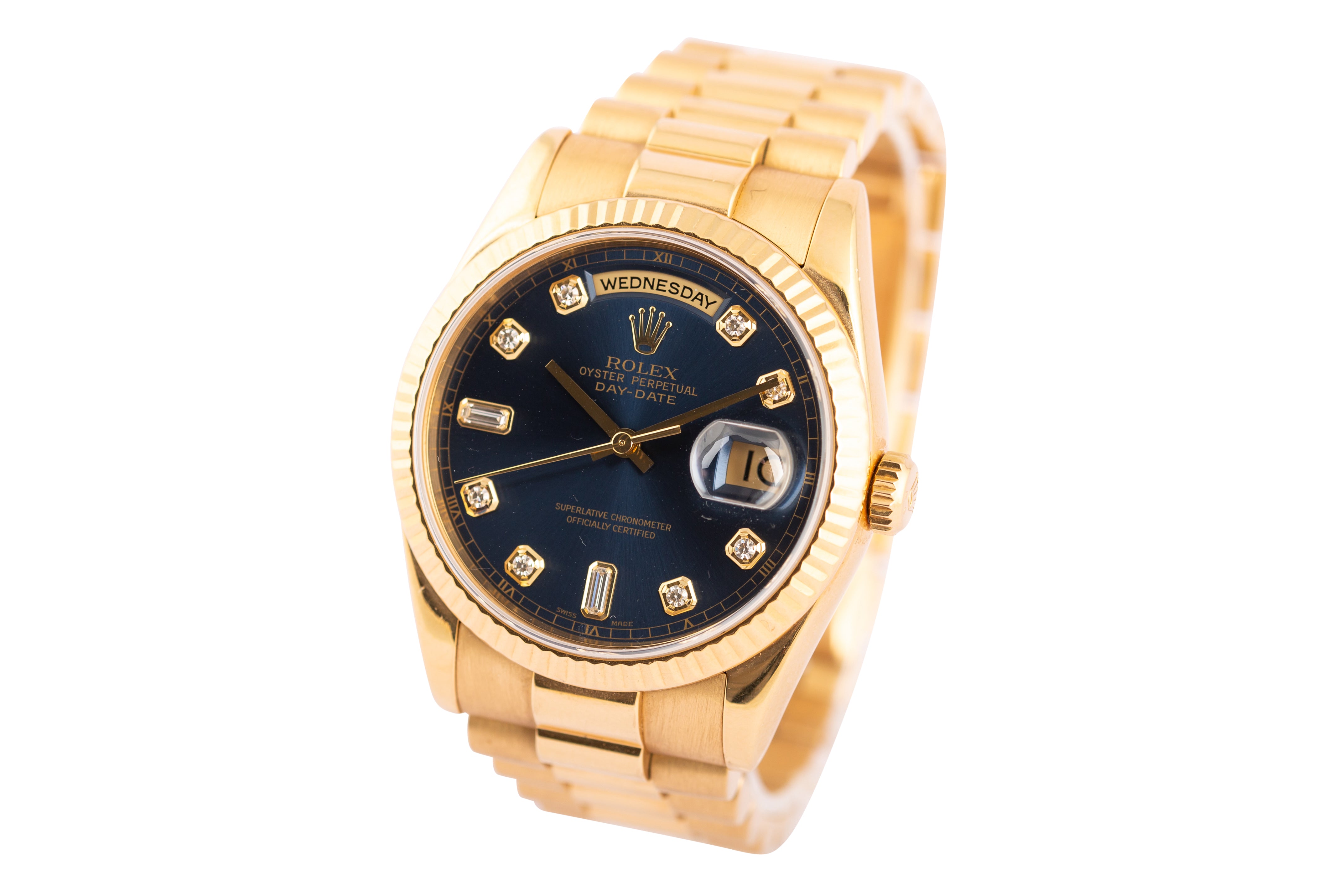 Rolex Day-Date 36 President Day Date Yellow Gold Blue Diamond Dial Mens Watch 118238 - Wilson Watches 