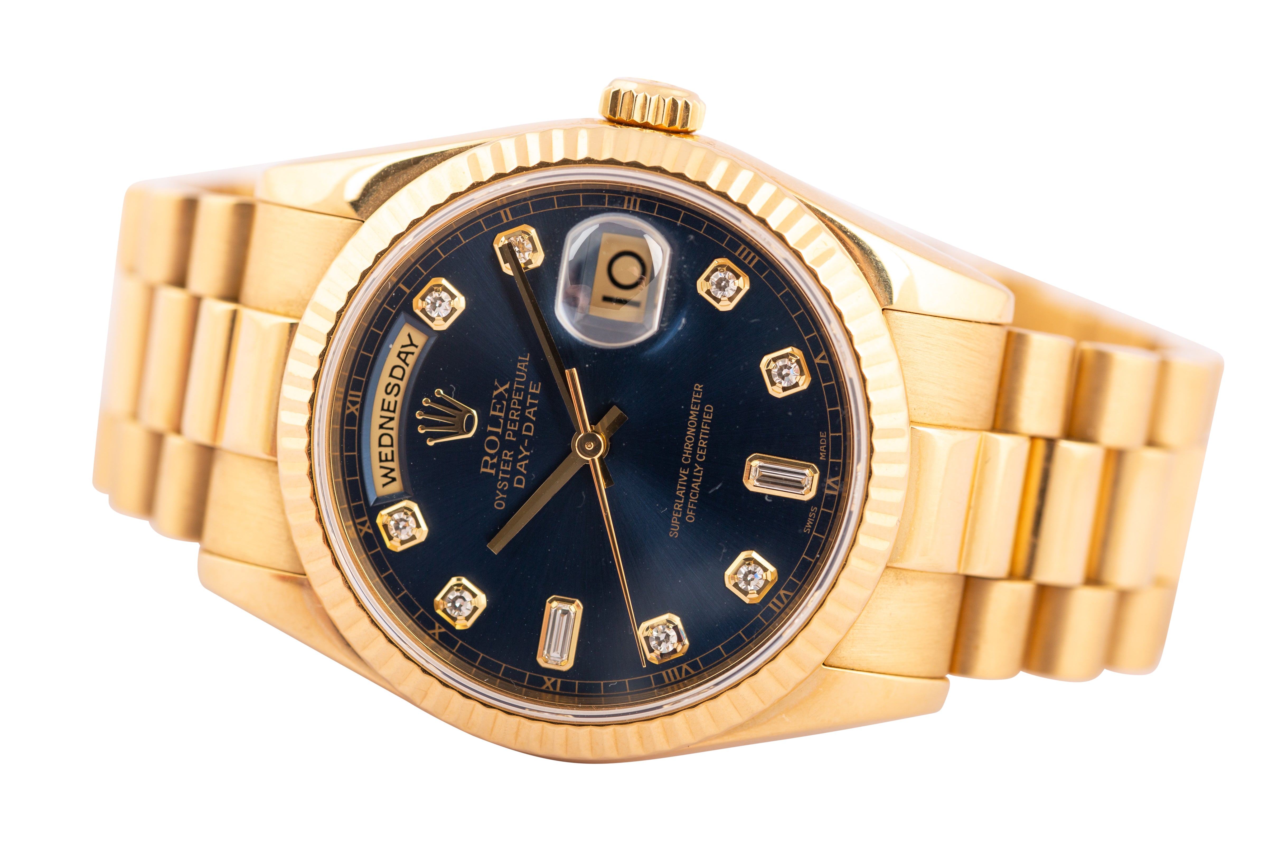 Rolex Day-Date 36 President Day Date Yellow Gold Blue Diamond Dial Mens Watch 118238 - Wilson Watches 