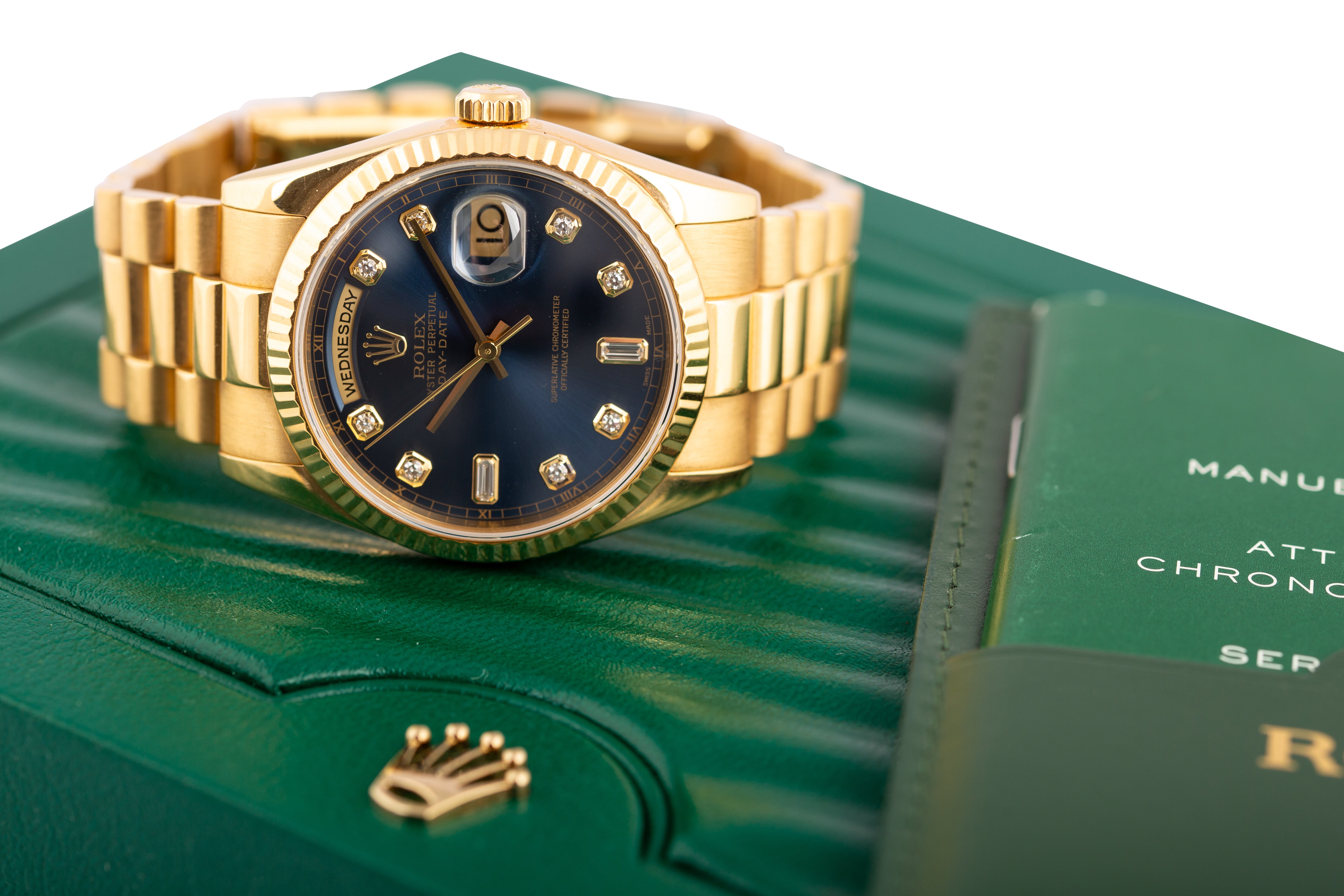 Rolex Day-Date 36 President Day Date Yellow Gold Blue Diamond Dial Mens Watch 118238 - Wilson Watches 