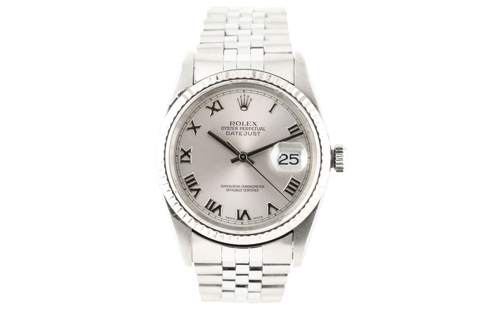 Rolex Datejust 36 Stainless Steel White & Gold Bezel Silver Roman Dial Watch 16234