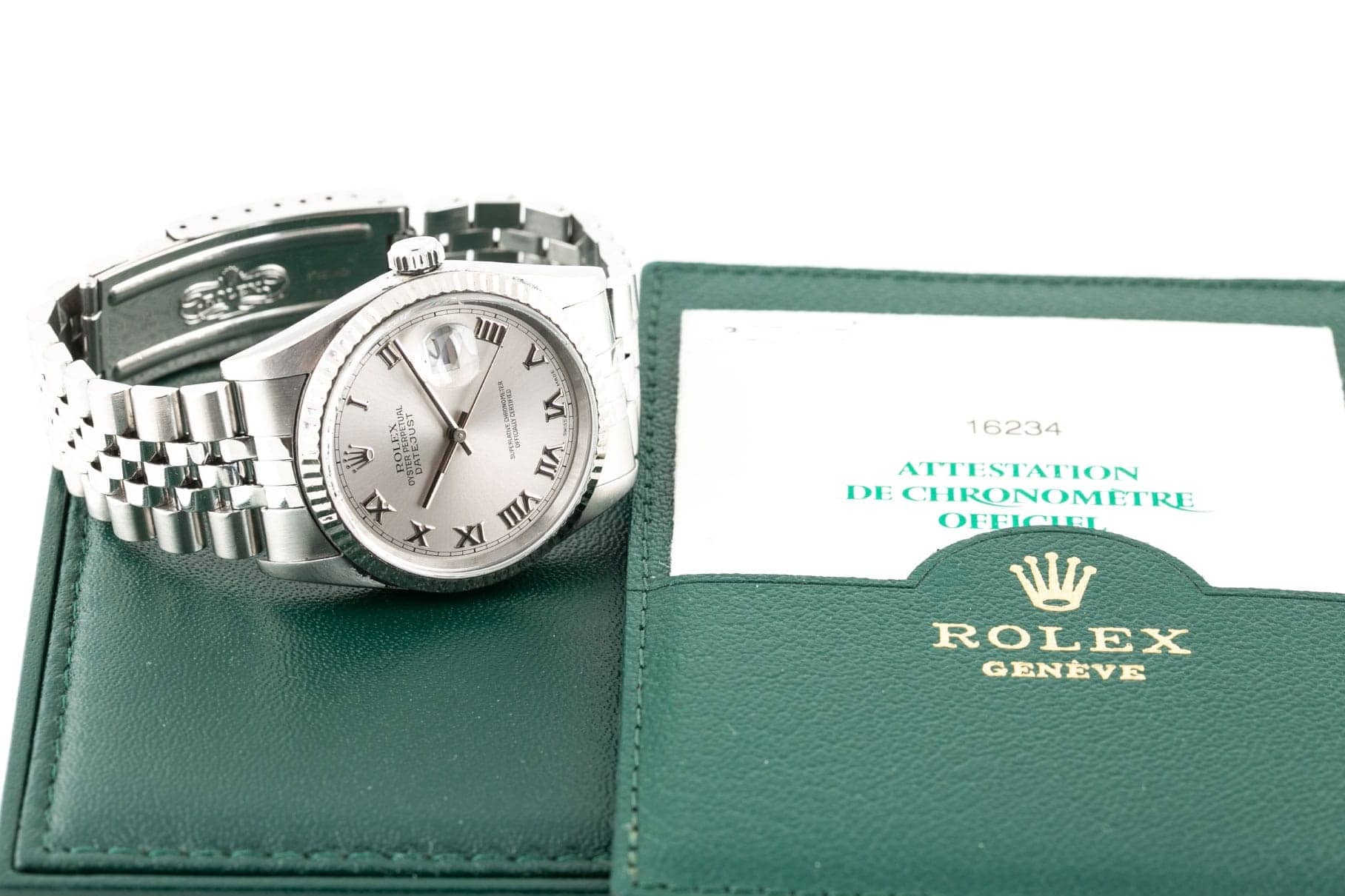 Rolex Datejust 36 Stainless Steel White & Gold Bezel Silver Roman Dial Watch 16234 Full Set